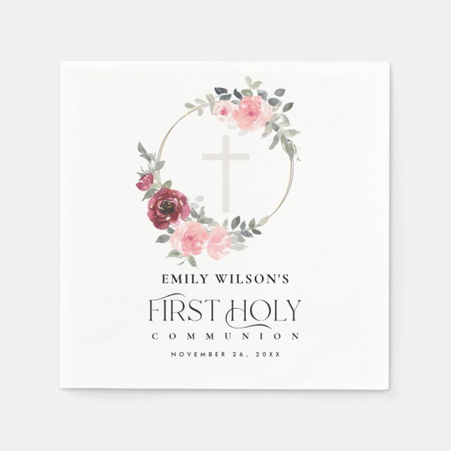 ELEGANT BLUSH BURGUNDY FLORAL FIRST HOLY COMMUNION NAPKIN (Front)