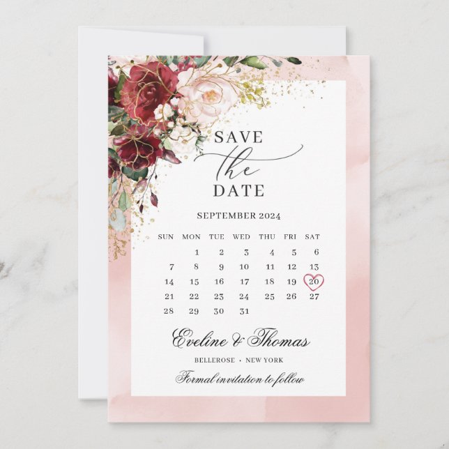 Elegant blush burgundy floral gold leaves boho save the date (Front)