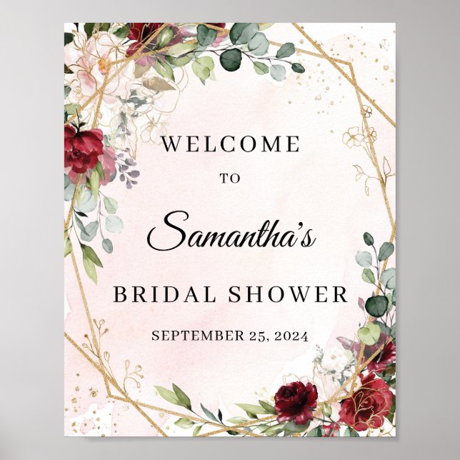 Elegant blush burgundy floral gold welcome sign (Front)