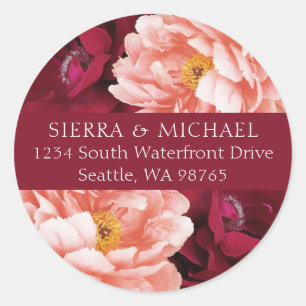 Elegant Blush Burgundy Floral Return Address Classic Round Sticker