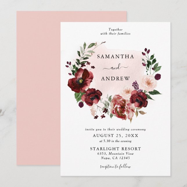 Elegant Blush Burgundy Floral Wreath Wedding  Invitation (Front/Back)