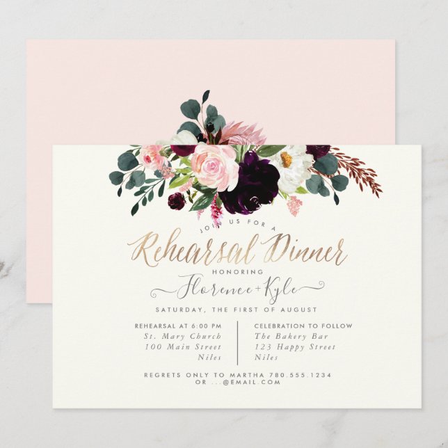 Elegant Blush Burgundy Flowers Rehearsal Dinner Invitation (Front/Back)