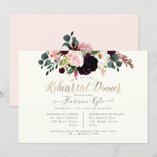 Elegant Blush Burgundy Flowers Rehearsal Dinner Invitation
