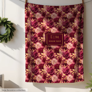 Elegant Blush Burgundy Gold Floral Personalised  Fleece Blanket