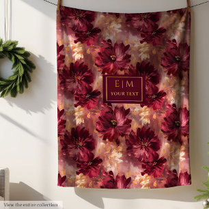 Elegant Blush Burgundy Gold Watercolor Floral Cosy Fleece Blanket