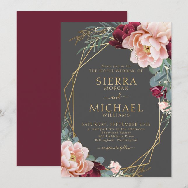 Elegant Blush Burgundy Grey Gold Peony Wedding Invitation (Front/Back)