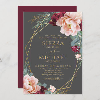 Elegant Blush Burgundy Grey Gold Peony Wedding Invitation