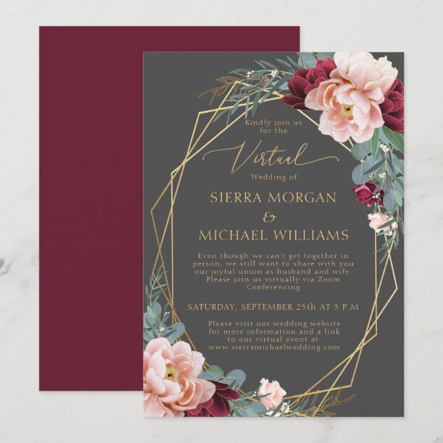 Elegant Blush Burgundy Grey Gold Virtual Wedding Invitation (Front/Back)