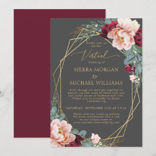 Elegant Blush Burgundy Grey Gold Virtual Wedding Invitation