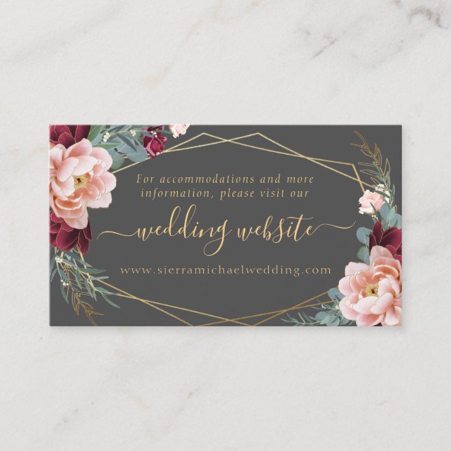 Elegant Blush Burgundy Grey Gold Wedding Website Enclosure Card (Front)
