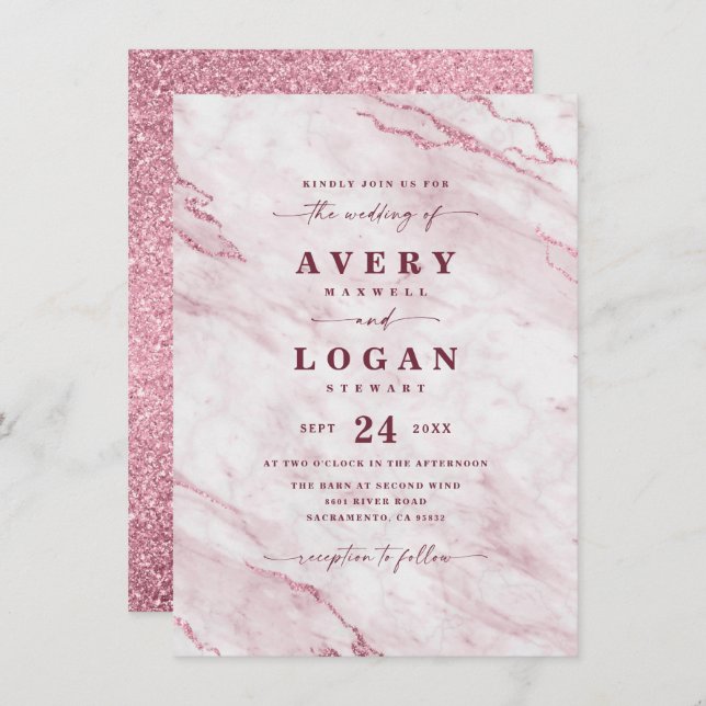 Elegant Blush & Burgundy Marble & Glitter Wedding Invitation (Front/Back)