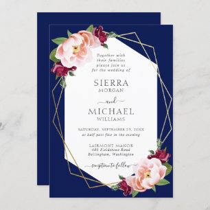 Elegant Blush Burgundy Navy Blue Gold Wedding Invitation