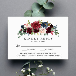 Elegant Blush Burgundy Navy Floral Meal Choice RSVP Card