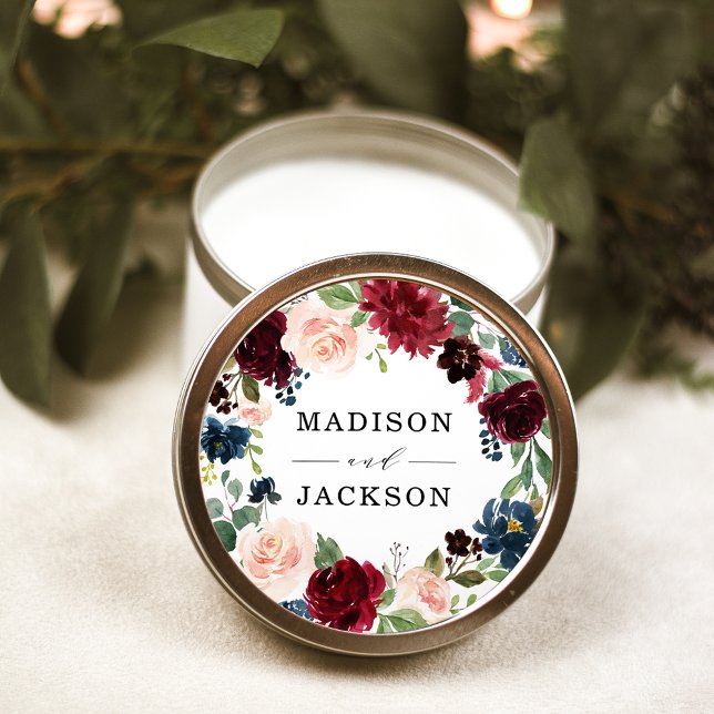 Elegant Blush Burgundy Navy Floral Wedding Classic Round Sticker (Creator Uploaded)