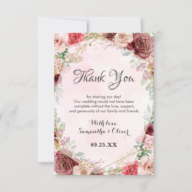 Elegant Blush Burgundy Rose Floral Anniversary Thank You Card (Front)