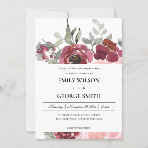 ELEGANT BLUSH BURGUNDY ROSE FLORAL WEDDING INVITE