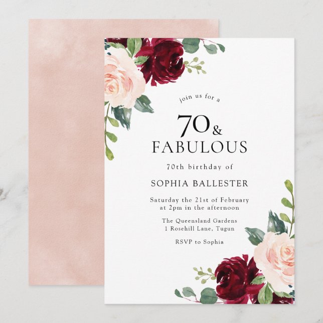 Elegant Blush & Burgundy Watercolor 70th Birthday Invitation (Front/Back)