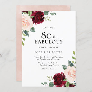 Elegant Blush & Burgundy Watercolor 80th Birthday Invitation