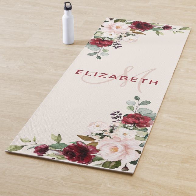 Elegant Blush Burgundy Watercolor Floral Monogram  Yoga Mat (In Situ)
