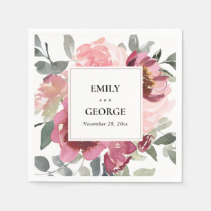 ELEGANT BLUSH BURGUNDY WATERCOLOR FLORAL WEDDING NAPKIN