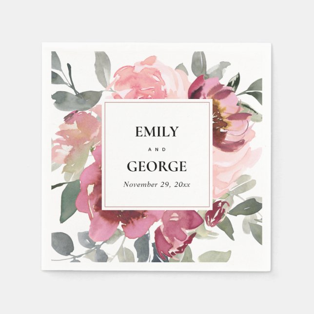 ELEGANT BLUSH BURGUNDY WATERCOLOR FLORAL WEDDING NAPKIN (Front)