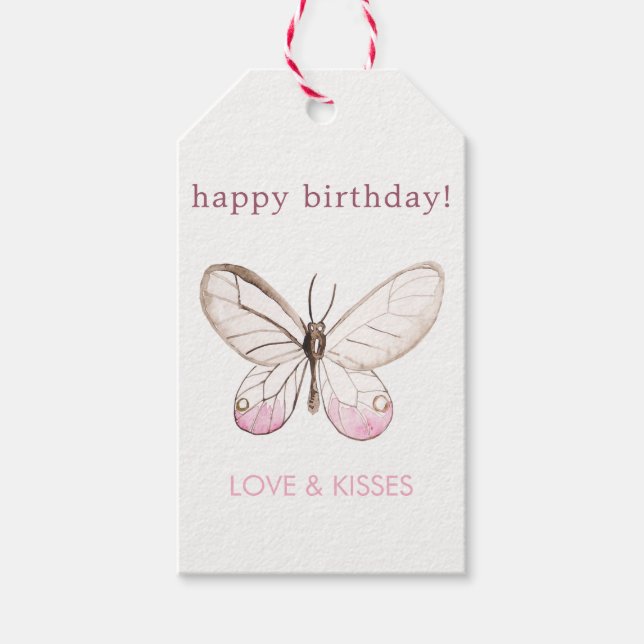 Elegant Blush Butterfly Birthday Gift Tags (Front)