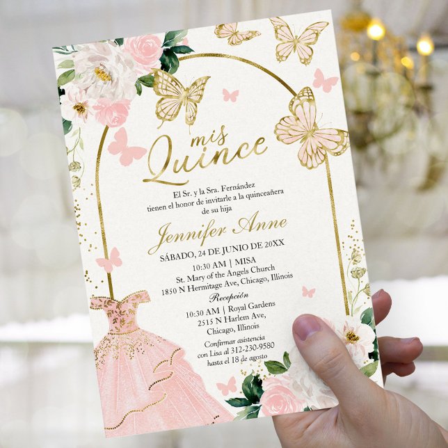 Elegant Blush Butterfly Spanish Quinceañera   Invitation (Creator Uploaded)