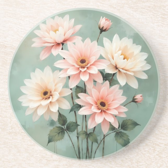 Elegant Blush Chrysanthemum Art Coaster (Front)