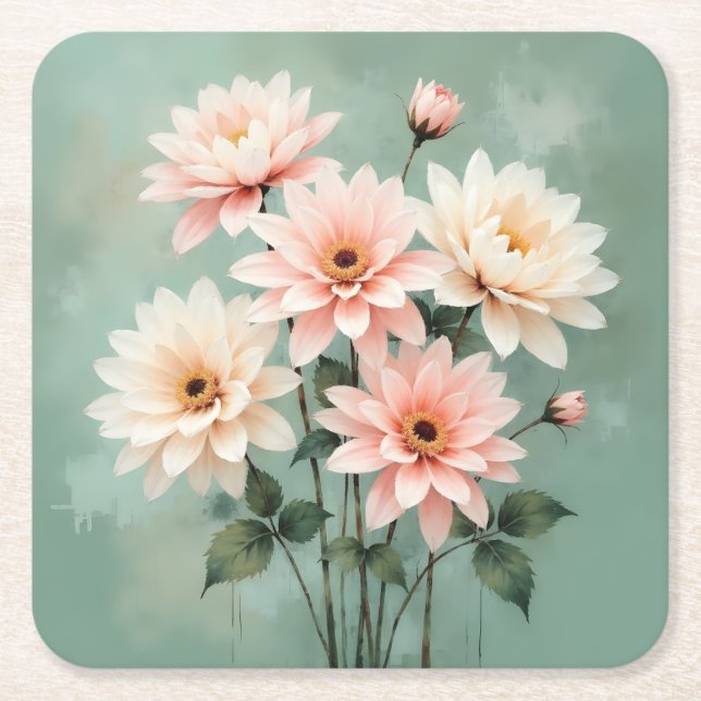 Elegant Blush Chrysanthemum Art Square Paper Coaster (Front)
