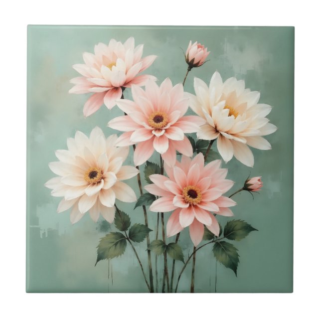 Elegant Blush Chrysanthemum Art Tile (Front)