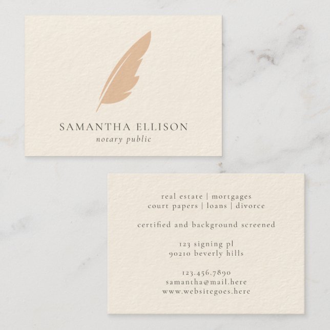 Elegant Blush Cream Feather Quill Notary Lawyer Business Card (Front/Back)