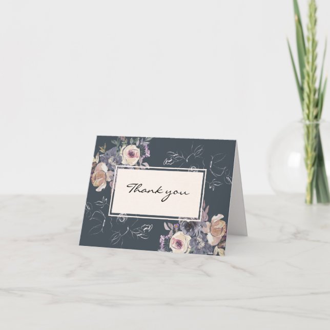 Elegant Blush Cream Floral Navy Background Wedding Thank You Card (Front)