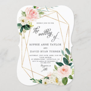 Elegant Blush Cream Flowers Gold Frame Wedding Invitation