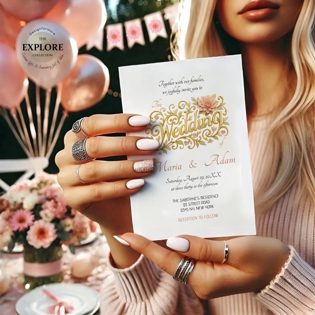 Elegant Blush Dahlias Golden Script Wedding Invitation (Creator Uploaded)