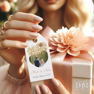 Elegant Blush Dahlias Golden Script Wedding Photo Gift Tags