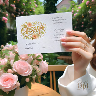 Elegant Blush Dahlias Golden Script Wedding RSVP Card
