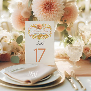 Elegant Blush Dahlias Golden Script Wedding Table Number