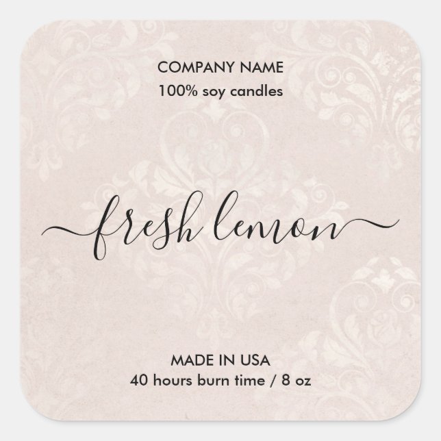 elegant blush damask rustic candle product label (Front)