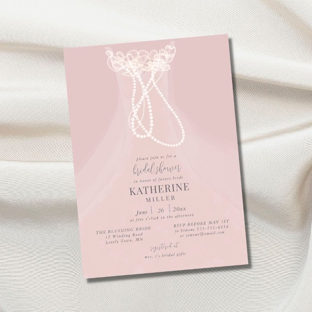 Elegant Blush Dress Ruffles Pearls Bridal Shower Invitation (Creator Uploaded)