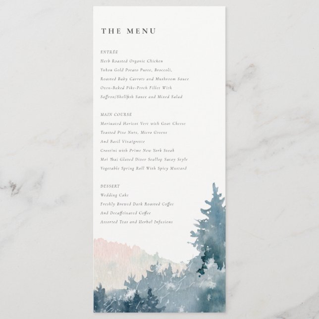 ELEGANT BLUSH DUSKY BLUE MOUNTAINS PINE WEDDING  MENU (Front)