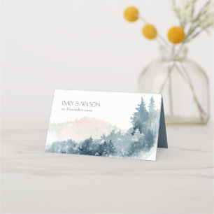 ELEGANT BLUSH DUSKY BLUE MOUNTAINS PINE WEDDING PLACE CARD