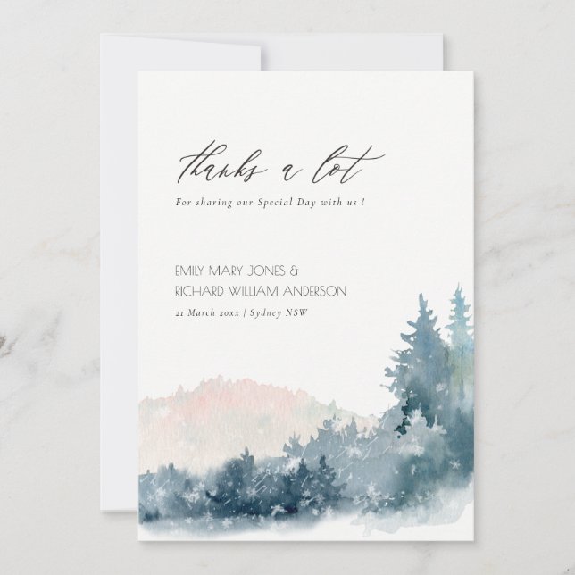 ELEGANT BLUSH DUSKY BLUE MOUNTAINS PINE WEDDING THANK YOU CARD (Front)