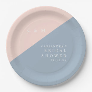 Elegant Blush Dusty Blue Monogram Bridal Shower Paper Plate