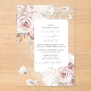 Elegant Blush Dusty Rose Floral Wedding Acrylic Invitations