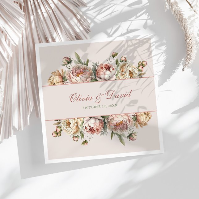 Elegant Blush Dusty Rose Peonies Paper Napkin (Elegant Blush Dusty Rose Peonies Paper Napkin on a sunny white table.)