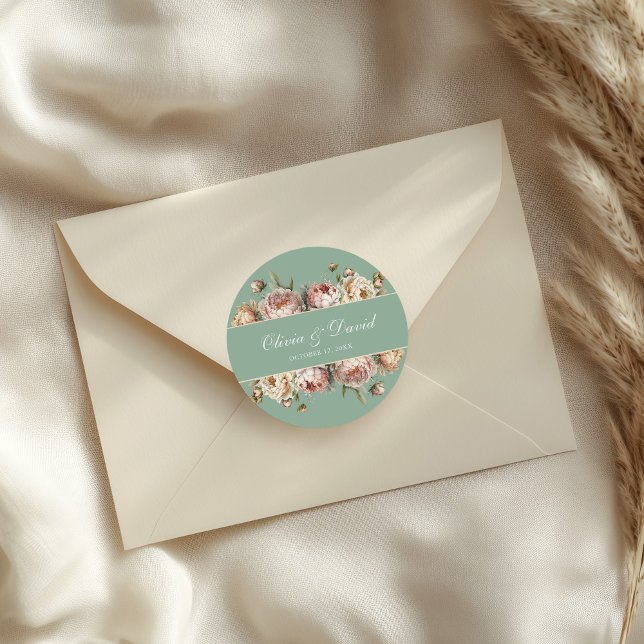 Elegant Blush Dusty Rose Peonies Pastel Sage Classic Round Sticker (Elegant Blush Dusty Rose Peonies Pastel Sage Classic Round Sticker on a small envelope.)