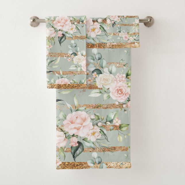 Elegant Blush Eucalyptus Sage Green Gold  Bath Towel Set (Insitu)