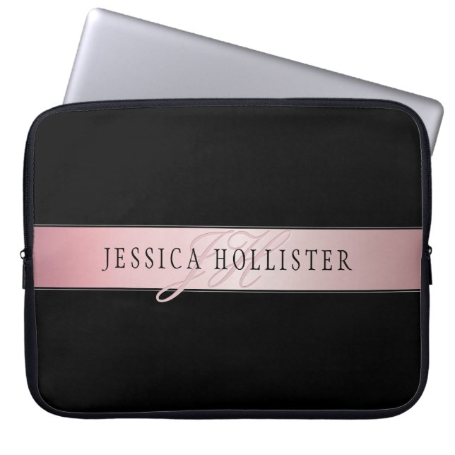 Elegant Blush Faux Rose Gold | Name & Initials Laptop Sleeve (Front)