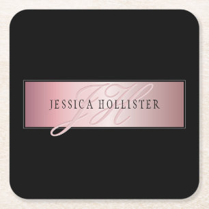 Elegant Blush Faux Rose Gold   Name & Initials Square Paper Coaster