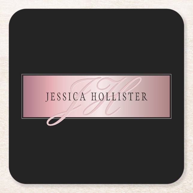 Elegant Blush Faux Rose Gold | Name & Initials Square Paper Coaster (Front)